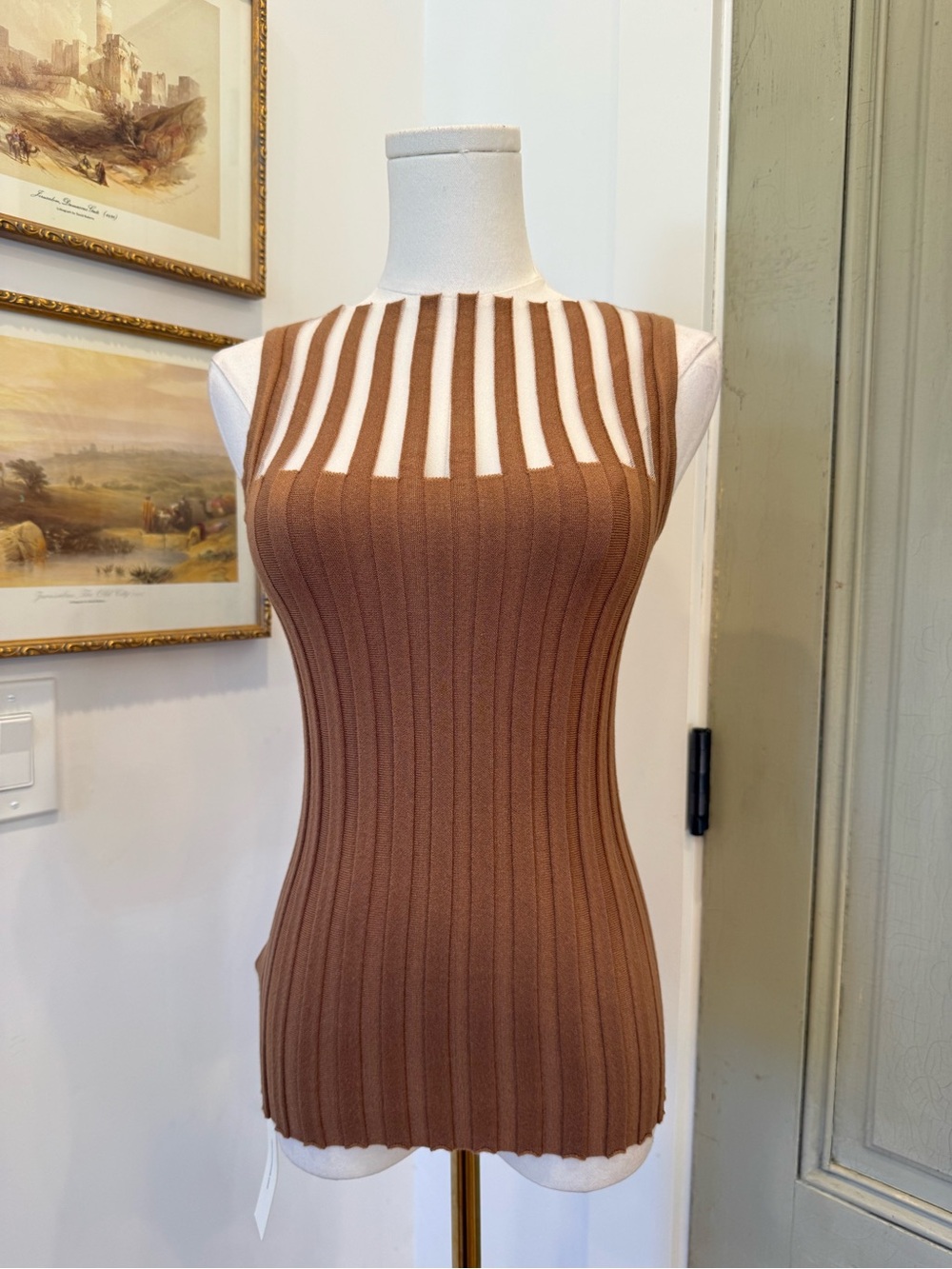 Sleeveless Brown Ribbed Knit Top with Sheer Stripe Mesh Lined Panels - Picture 4 of 5